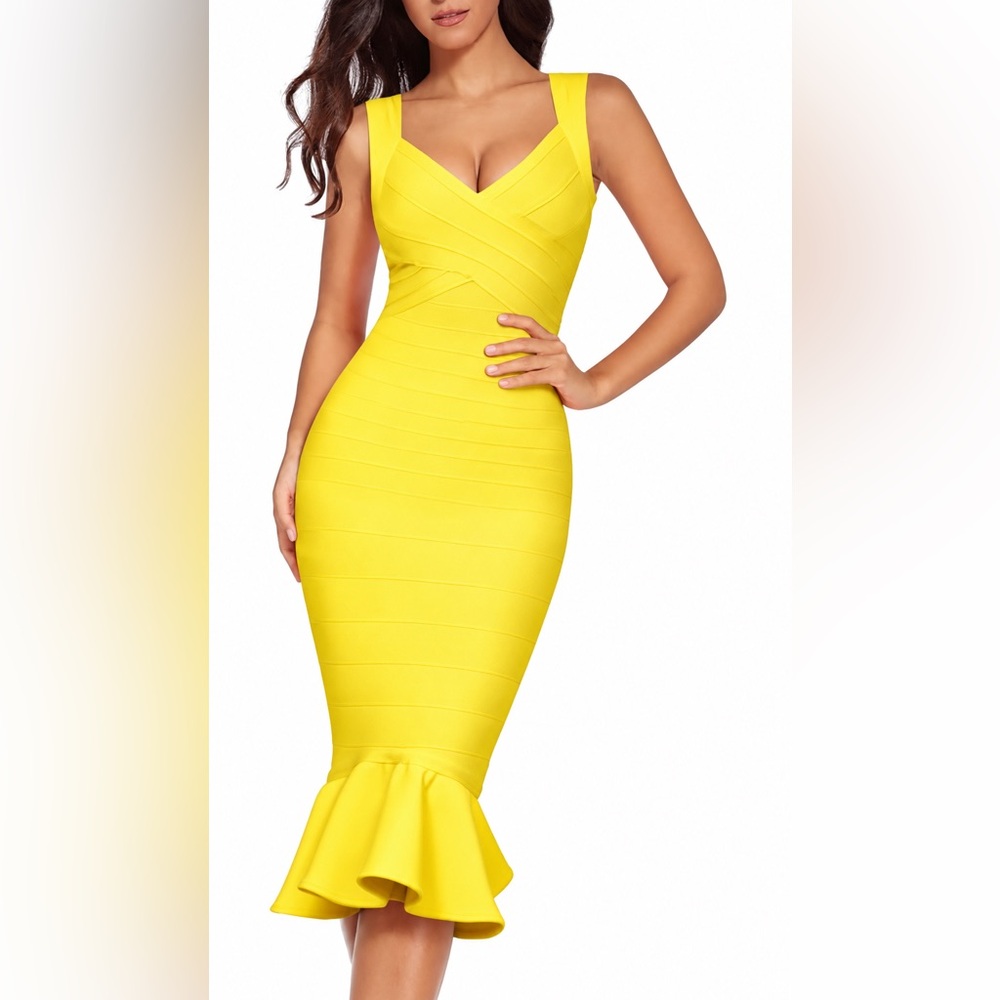 Yellow Bodycon Shoulder Strap Sleeveless Fishtail Midi Bandage Dress